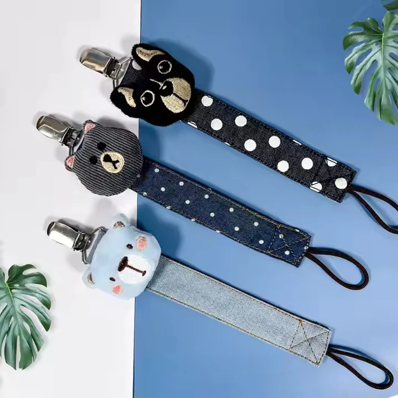 Handmade Pacifier Clip Denim Fabric Nipple Holder with Cute Little Doll Jeans Dummy Clips for Babies Boys Girls Teething Toys