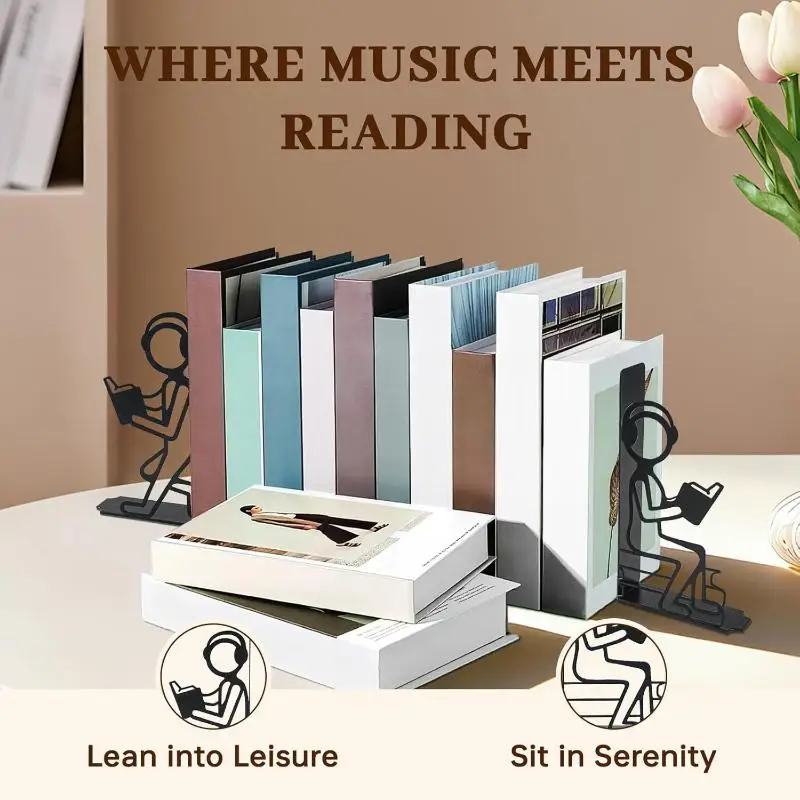 1 Pair Black Metal Abstract Bookends Heavy Duty Non Slip Book Display Stand For Home Bedroom Shelf Decor