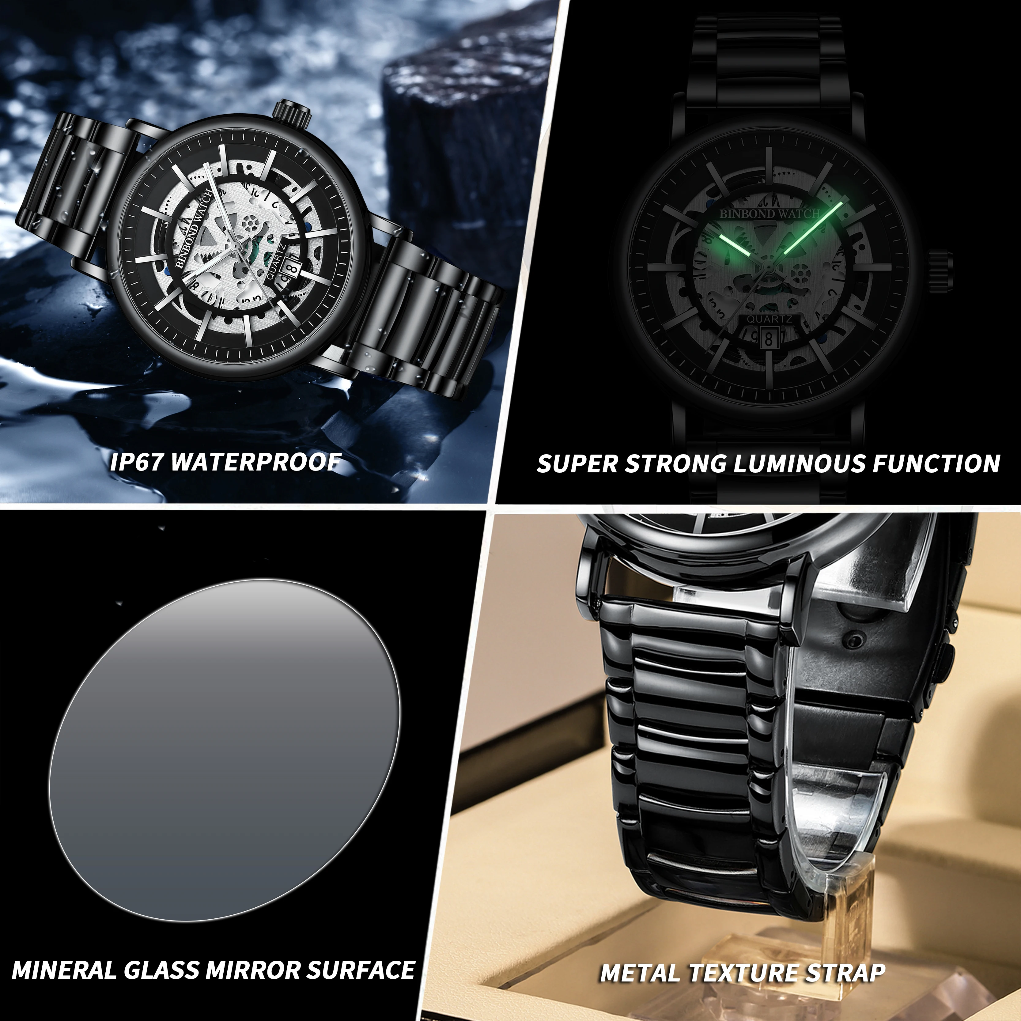 BINBOND Деловые часы Модные и простые мужские часы со скелетом Элитный бренд Водонепроницаемые светящиеся кварцевые часы