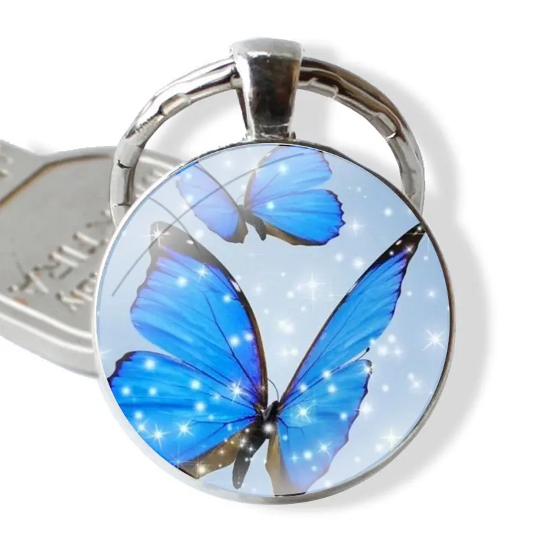 Porte-clés Cabochon en Verre Fait à la Main, Pendentif Papillon Bleu