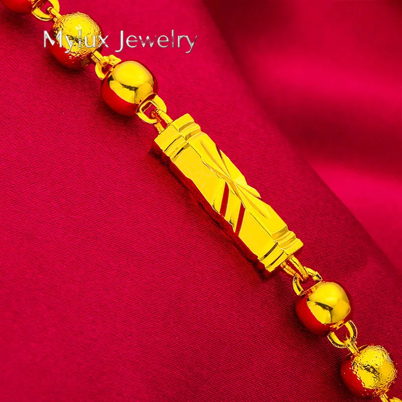 Mylux Jewelry Hexagon Bead Bracelet for Women, 24K Gold, AU999 | Polished hexagon & round beads on elastic cord, modern geometri