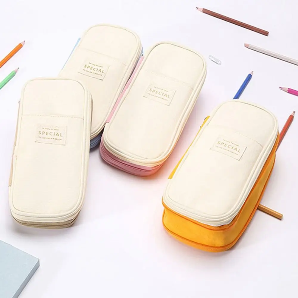 Multi-Layer Pen Storage Bag Expansion Kawaii Pen Organizer Canvas Dustproof Macaron Color Pen Case School/Office Supplies