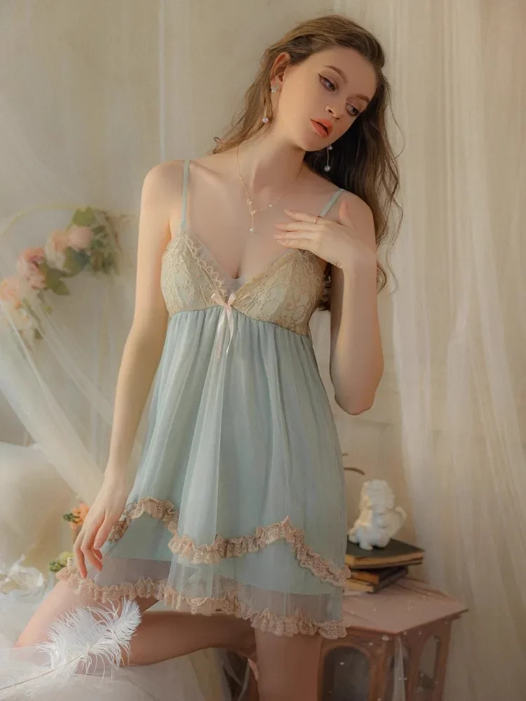 French Romantic Lace Sexy V-neck Women\'s Nightgown, Mesh Suspender, Puffy Skirt, Outerwear, Home Suit Set silk robes for women