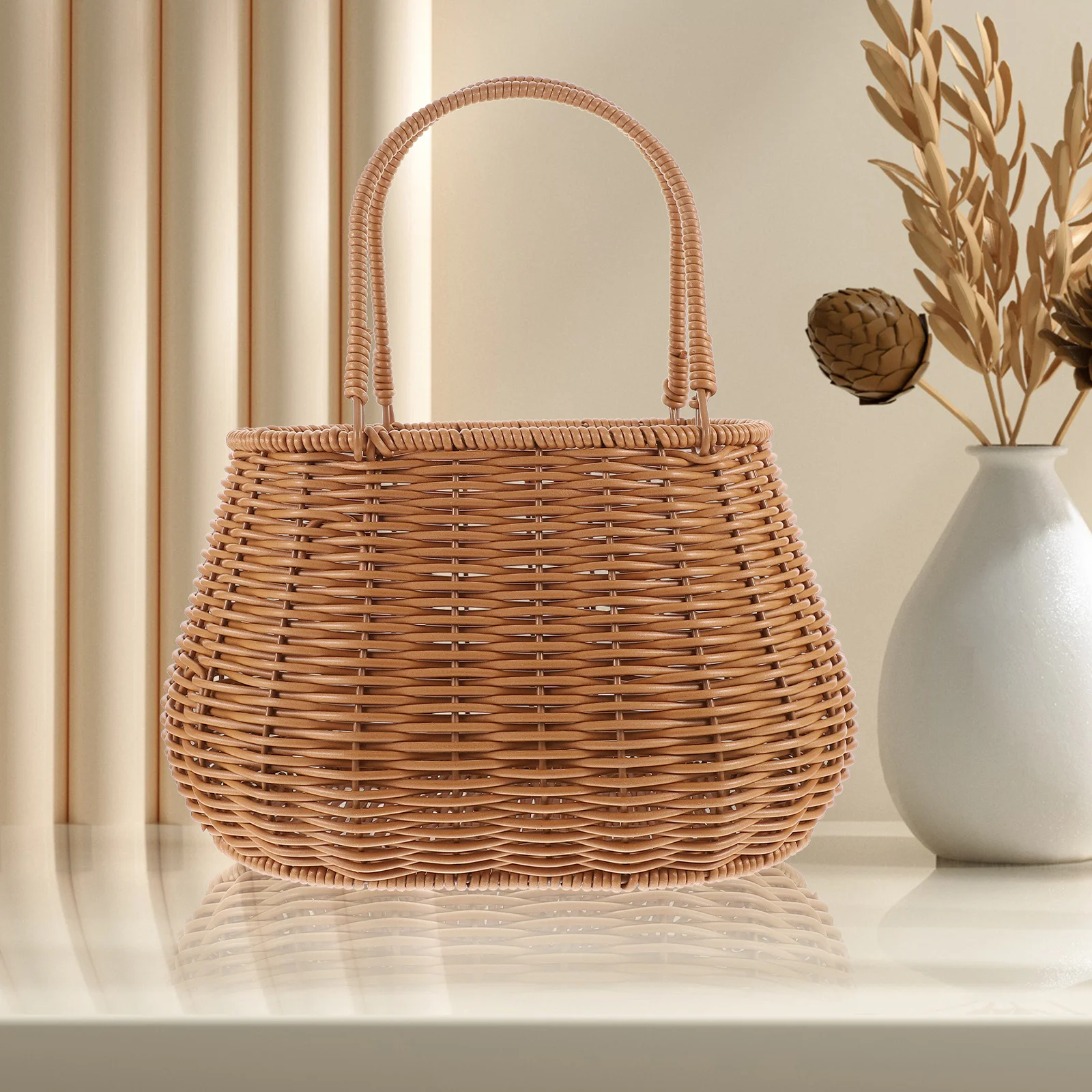 

Woven Shopping Basket Handwoven Multifunctional Storage Basket Handle Large Capacity for Picnic Garden Vegetable Fruit