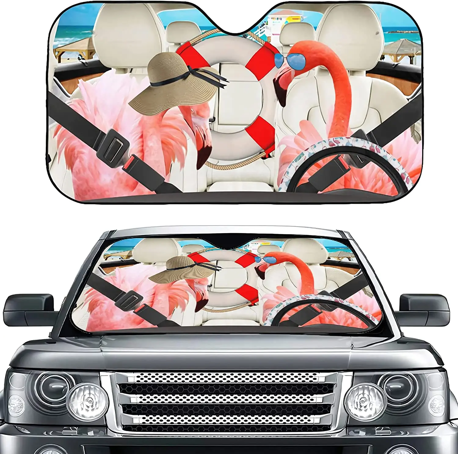 

Flamingo drive windshield sun shade Funny animals foldable car sun shade windshield reflective sunshade for most car, SUVs