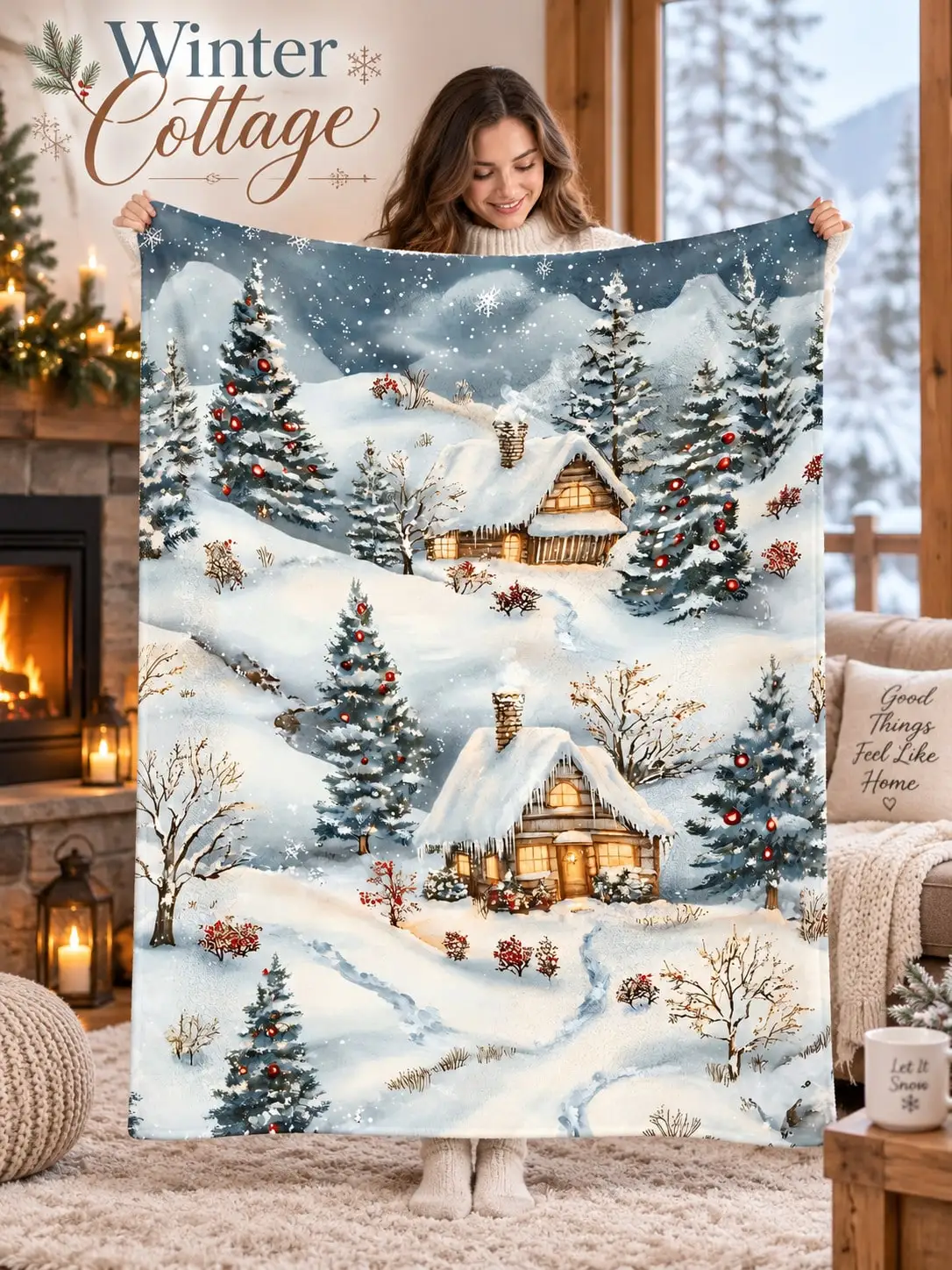 Christmas Flannel Blankets & Throws Mountain Cabin Tree Scene Cottage Sofa Bed Couch Nap Home Decor Living Room Bedroom Guestroom Dorm Travel Camping Reading Office Lounge Picnic Family Friends Gift Housewarming Birthday Anniversary Holiday Season
