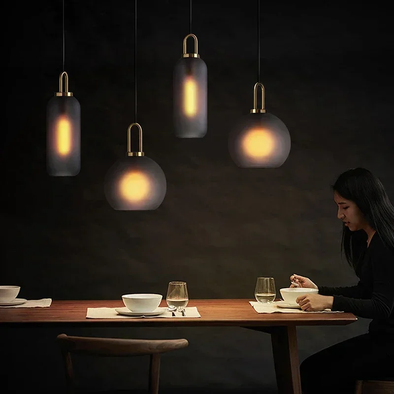 Modern Nordic Dark Gray Metal Frame Glass Pendant Light E27 LED Bulb for Living Room Dining Room Restaurant Office Study Decor
