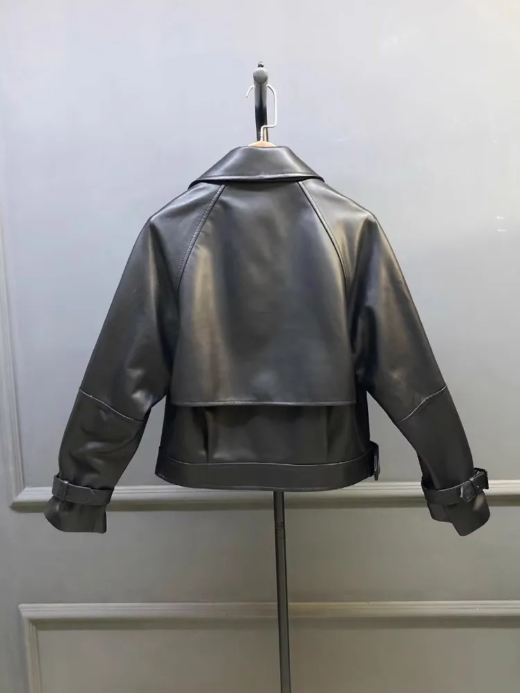 Wysokiej jakości damska odzież robocza Prawdziwa skórzana kurtka Pasek Dwuwarstwowy kołnierz Prawdziwa owcza skóra Długi rękaw Odzież wierzchnia Płaszcz codzienny