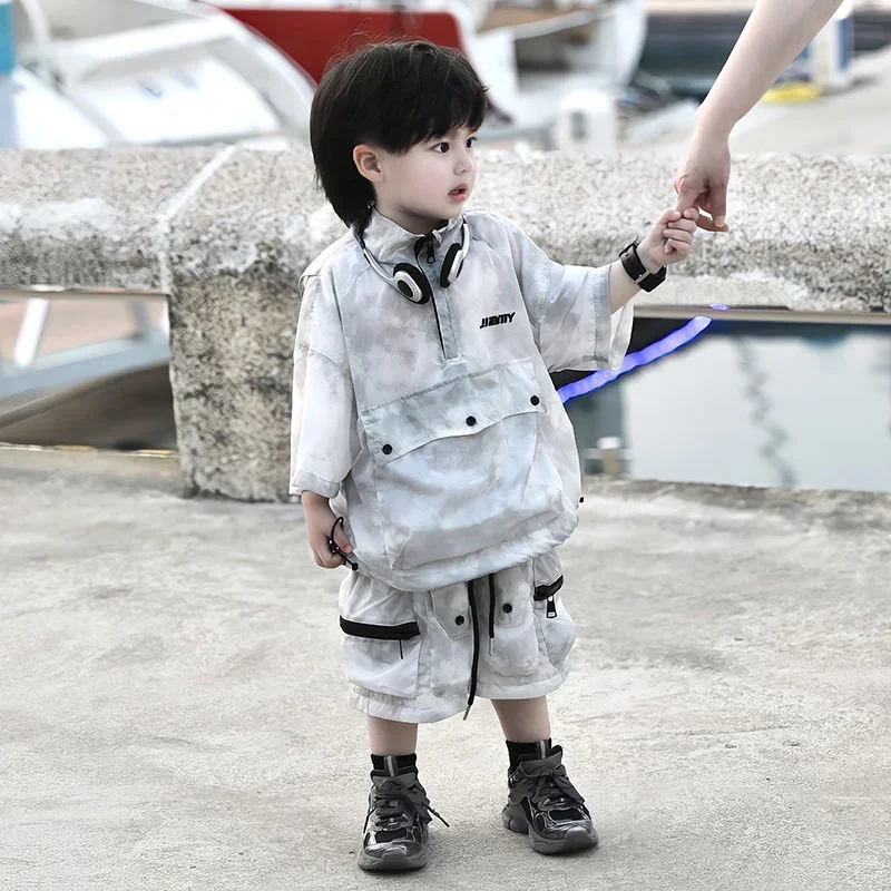 Boys' Tops Shorts Two-piece Summer Set 2024 New Korean Style Streetwear Children's Hip-hop Light Thin Work Clothes Handsome Suit