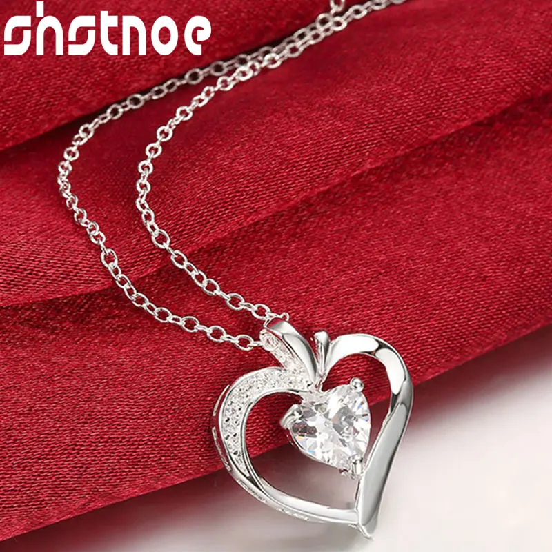 

SHSTONE 925 Sterling Silver 16-30 Inch Chain AAA Zircon Heart Pendant Necklace For Women Engagement Wedding Gift Fashion Jewelry