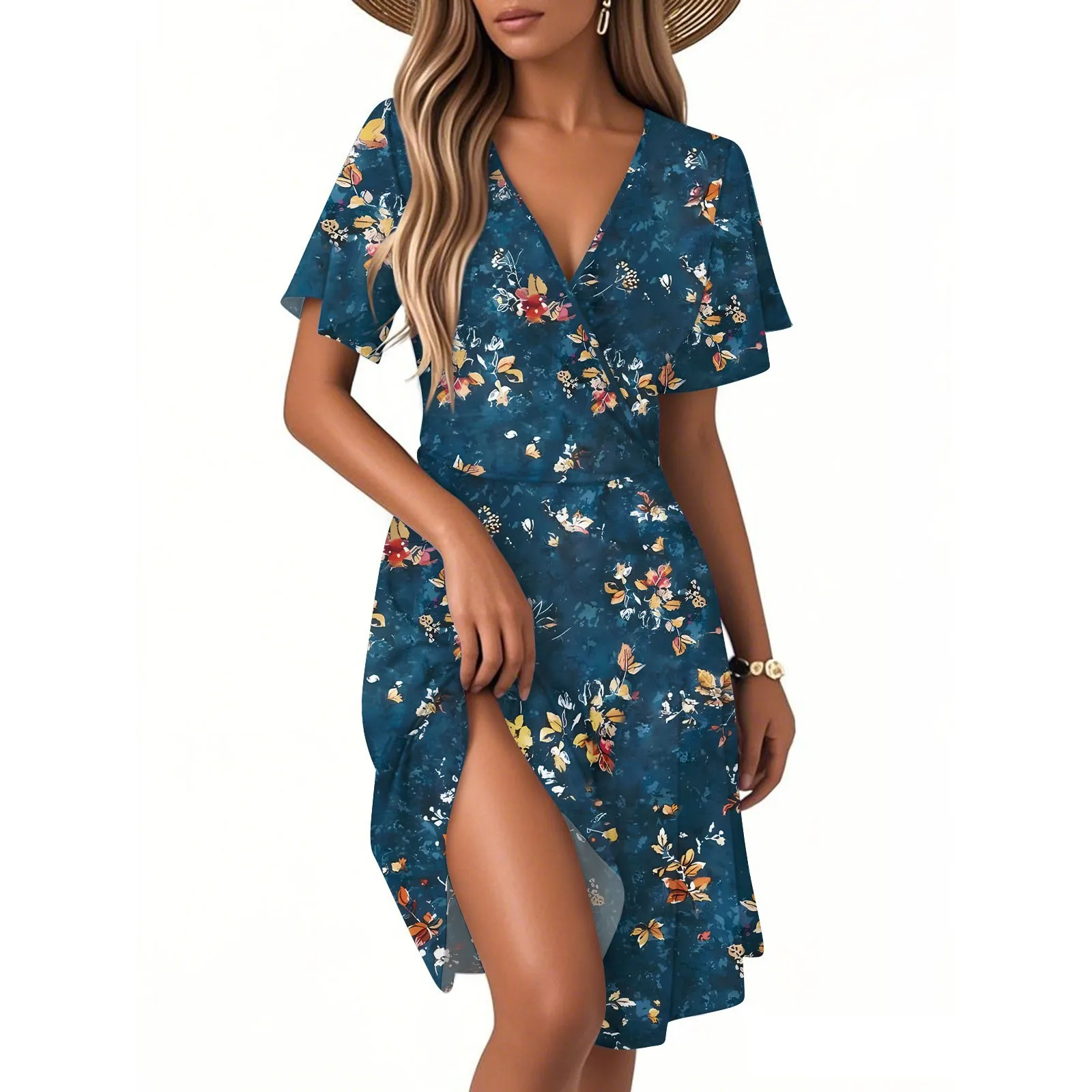 Dames bedrukte bloemen korte mouwen lange jurk V-hals sexy casual losse elegante jurk strand Hawaiiaanse vakantiejurken vrouwelijk