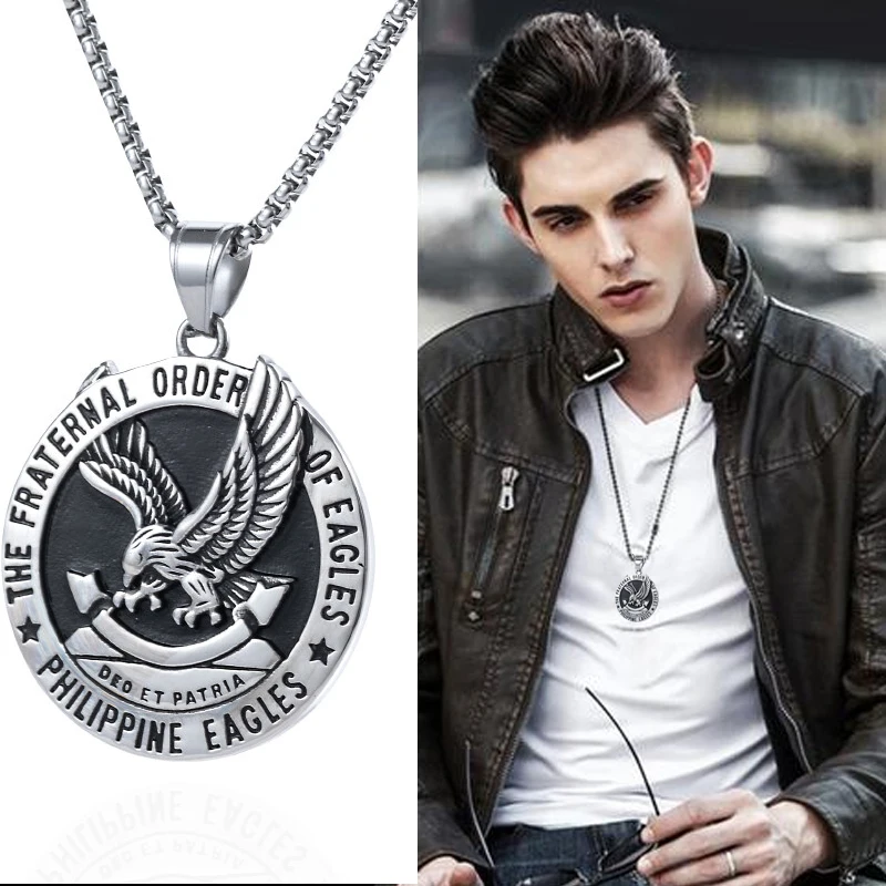 Vintage Philippine Eagles Pendant Necklace Stainless Steel Chain Gold Plated Pendant Necklaces for Man Charm Jewelry Accessories