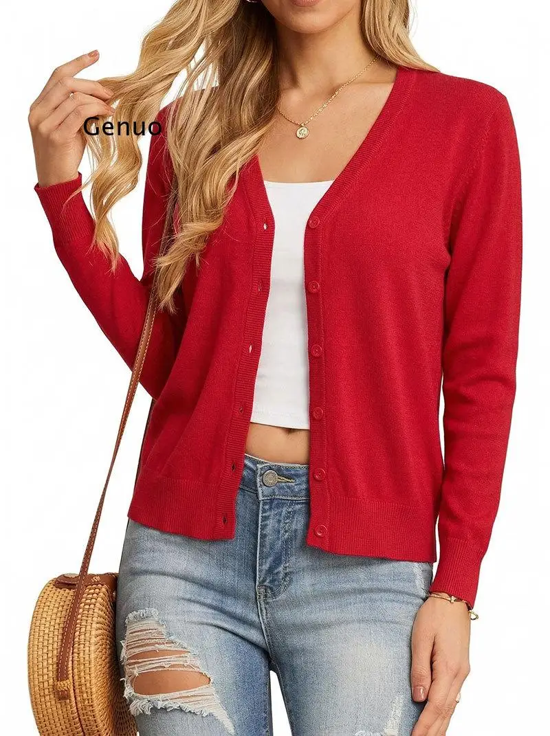 

2026 Women Lightweight V-Neck Knit Cardigan Long Sleeve Sweater Coat for All Season Layering