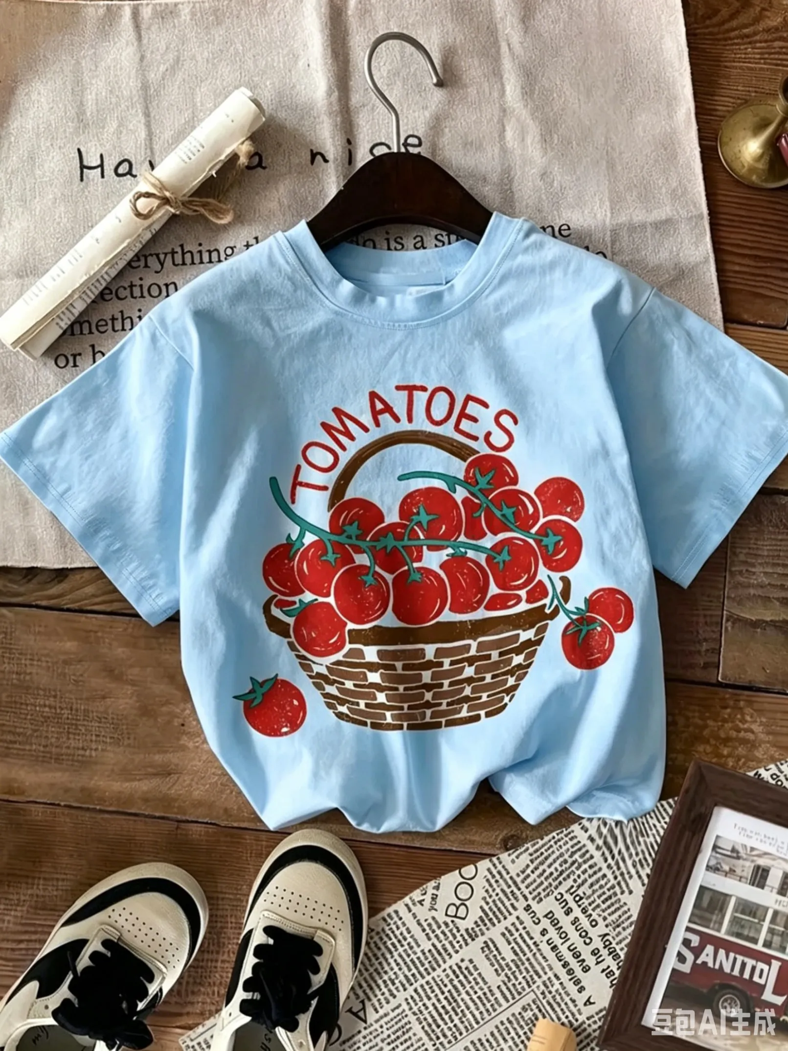 Neues Baumwoll-T-Shirt mit Tomaten-Print für Kinder, lässiger Rundhalsausschnitt, Baumwollmaterial, geeignet für den täglichen Gebrauch, Frühling, Sommer, Herbst – Detail 4