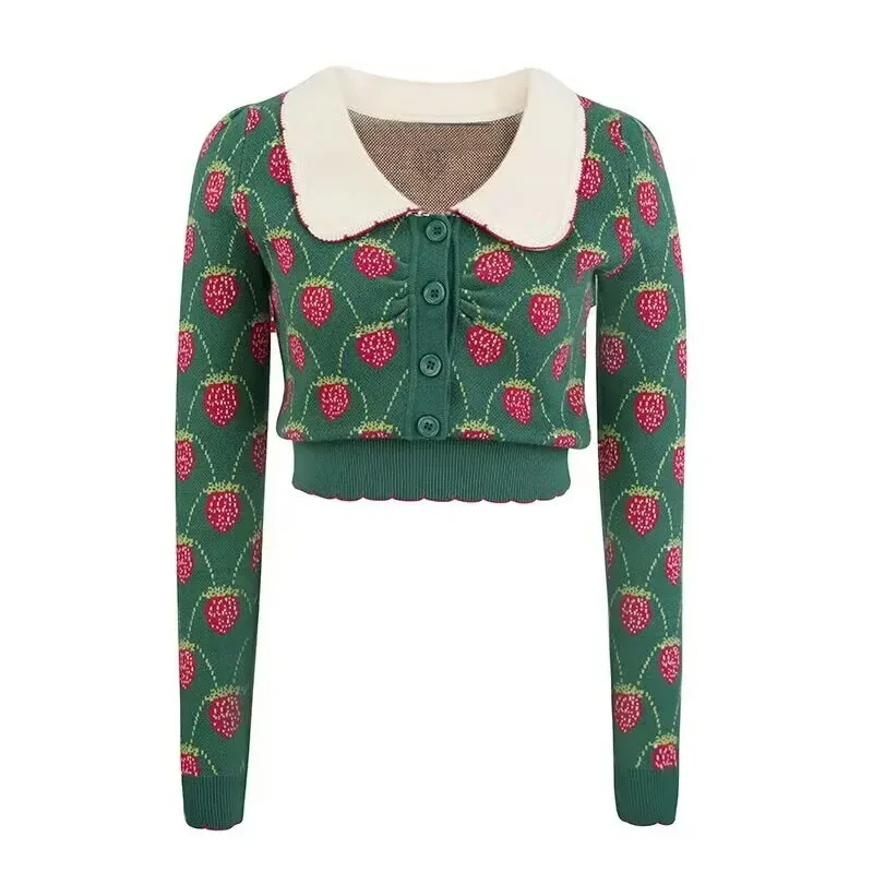 Green Strawberry Jacquard Pullover Sweater Women Knitted Crop Tops Autumn Contrast Peter Pan Collar Long Sleeve Knitwear Jumper