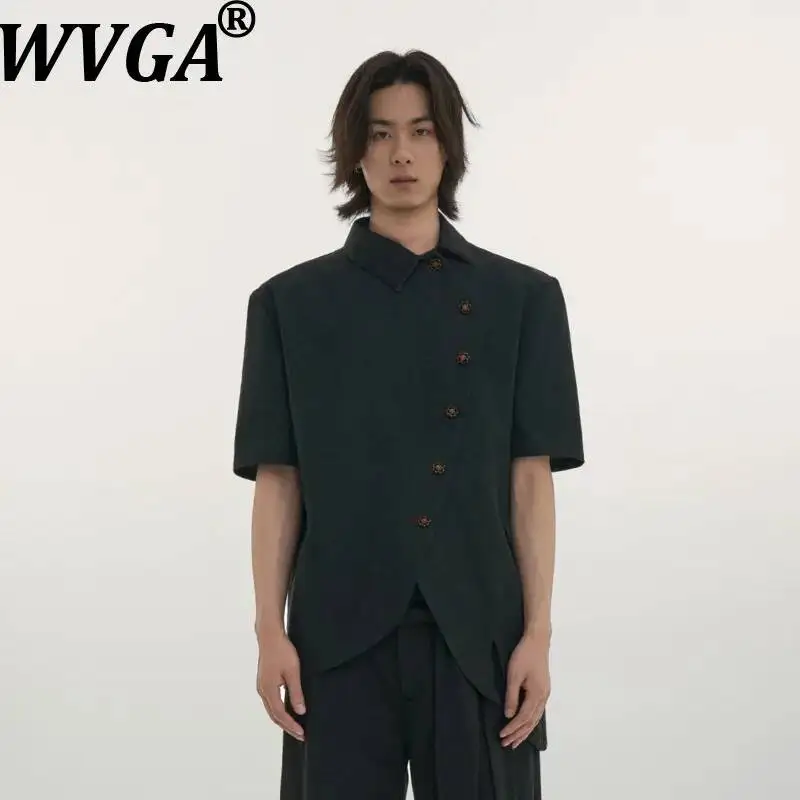 WVGA Spring Summer New Men Crescent Flow Deconstructed Slanted Collar Trendy Short Sleeve Shirt Niche Chic Casual Top Ins W25772