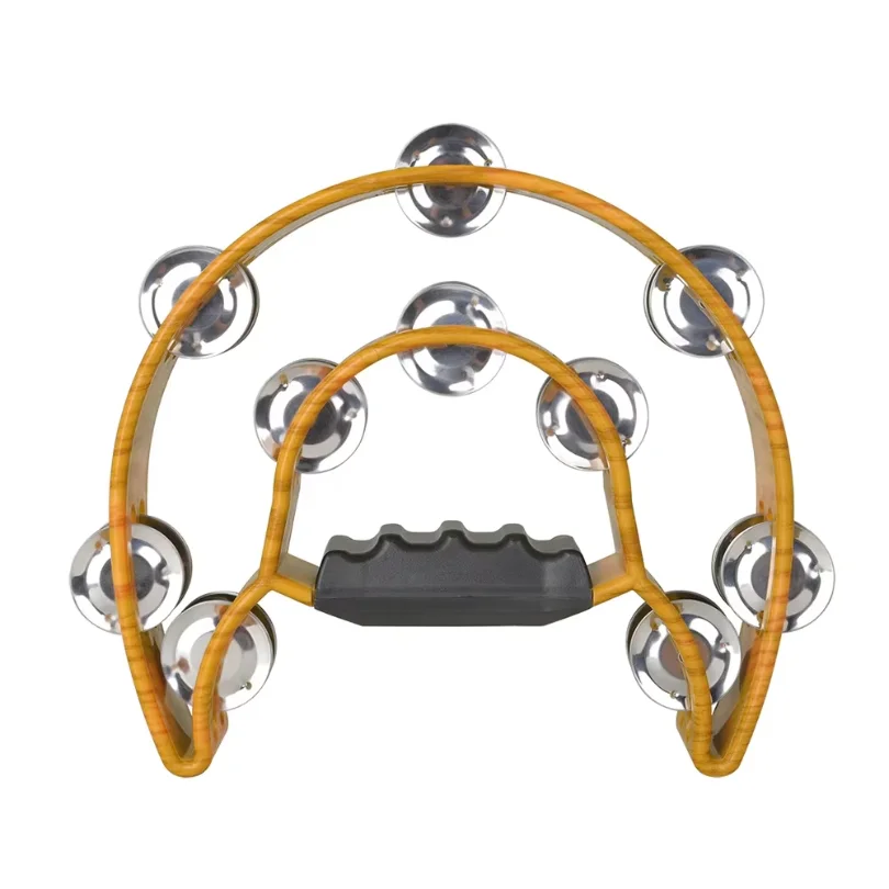 Coffee Coloured Double Decker Hand Rattle with Floral Pattern Percussion Musical Instruments Metal Bells Tambourine