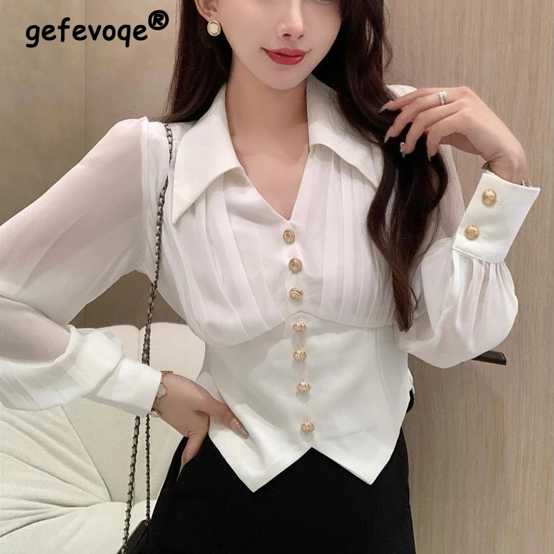 Weiß Schwarz Elegante Chic Süße Shirts für Frauen Frühling Herbst Französisch Temperament Schlank Langarm Bluse Crop Top Weibliche Blusas