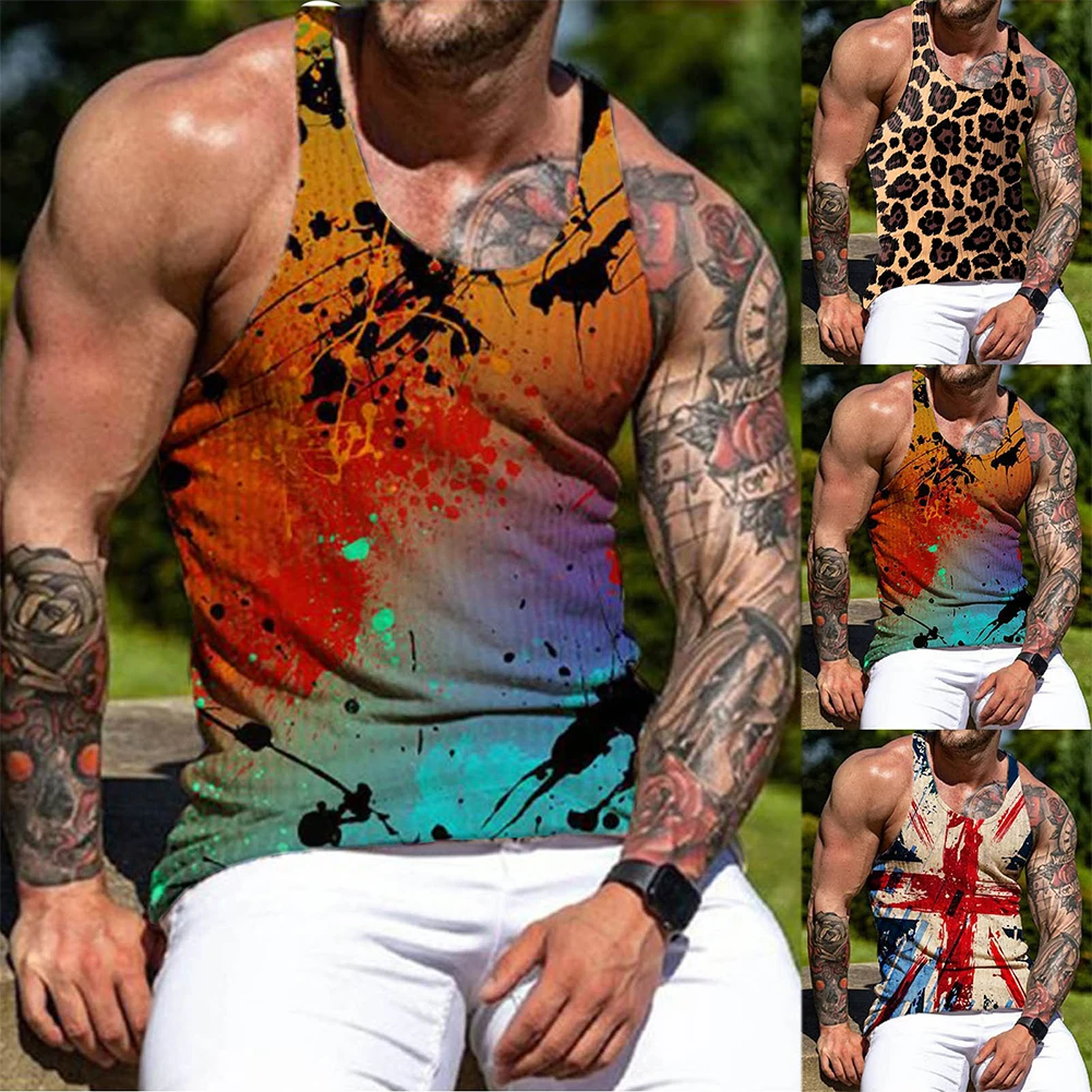 Men's Print Muscle Vest Bodybuilding Gym Fitness Tank Tops Male Sleeveless Leopard T-shirts Male Workout Undershirts Colorful