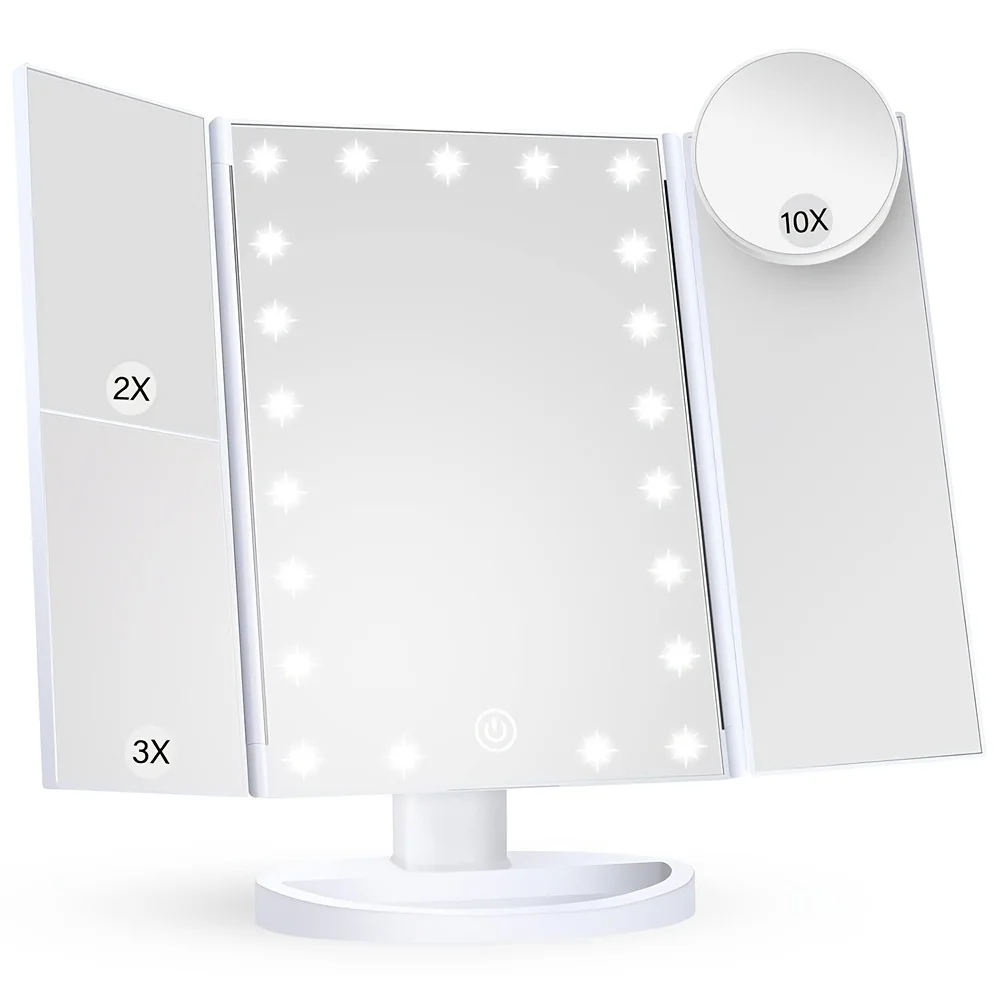 

Lighted Makeup Mirror, 2x, 3x, 10x Magnification, Touch Control, Tri-Fold Design for Touch-Ups on the Go, Portable Beauty