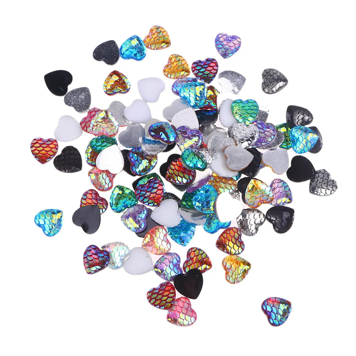 

100Pcs Resin Cabochons Iridescent Heart-Shaped Mermaid Scale Flat Back for DIY Jewelry Accessories Bracelet Necklace Making Fish