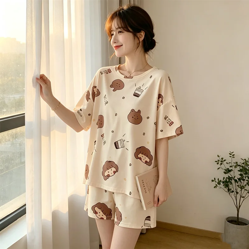 

Summer Women's Sleepwear Short Sleeved Shorts Set Thin Loose Fit Suitable for Outerwear Home Wear Cute Sweet Camisole Sleepwear