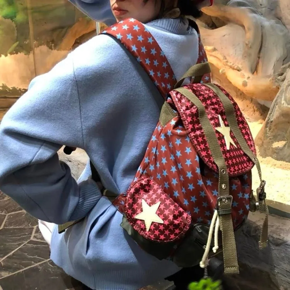 

Cute Large Capacity Lucky Star Backpack Y2K Korean Style Drawstring Schoolbag Nylon Multi-pocket Hiking Camping Bag Students