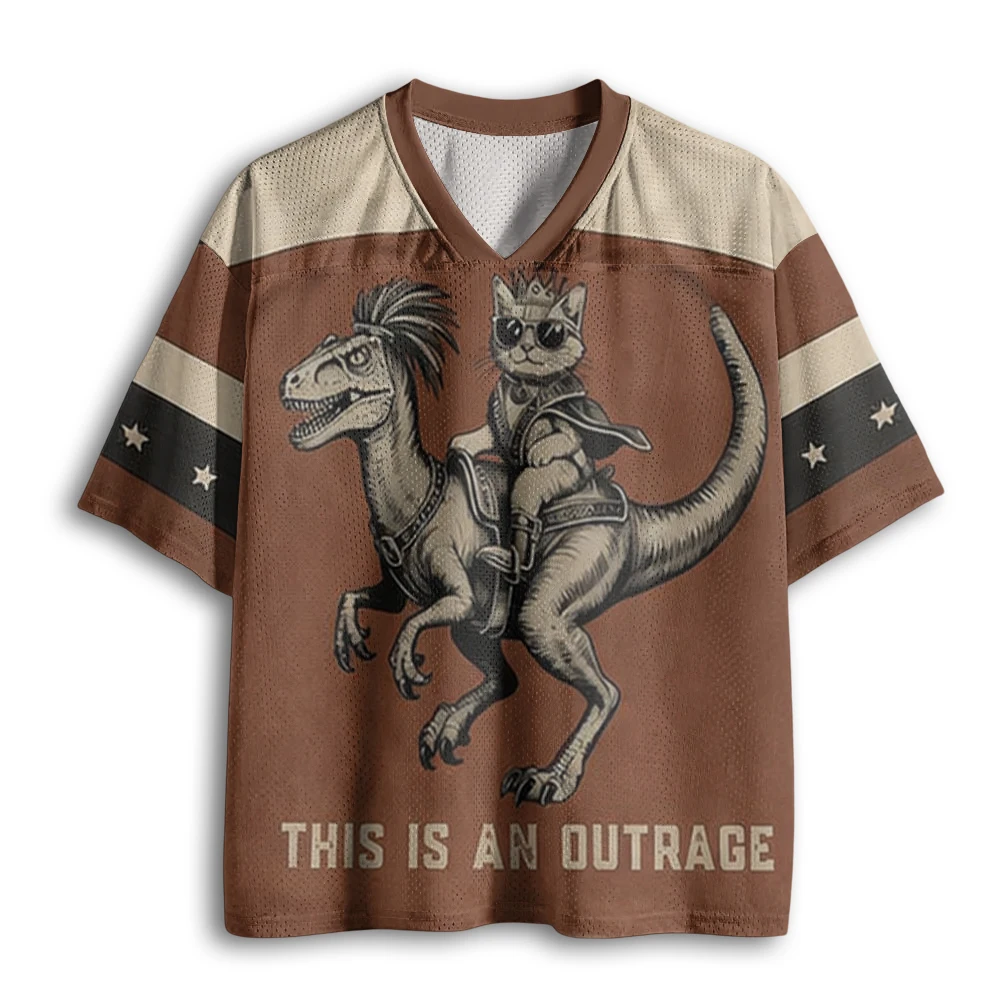 Retro Wild West Cool Crown Cat On Raptor Dinosaur Graphic Mesh Short Sleeve Jersey Unisex Western Outdoor Streetwear Top