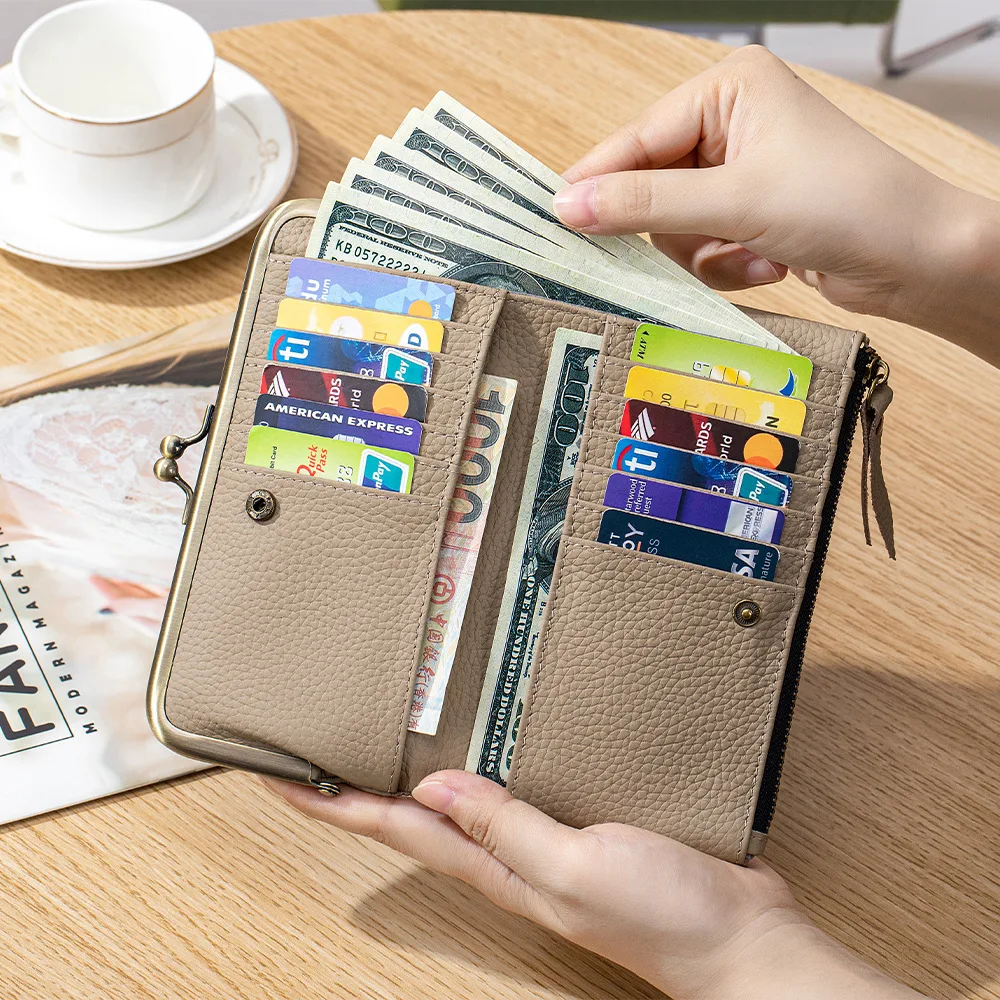 Western Cowhide Leather Lychee Pattern Multi-function Long Women Handheld Wallet Large Capacity Phone Bag Clutch Bag