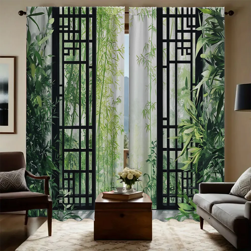 2PC Home Window bamboo forest Curtains With Landscape Background And Pole Pocket Curtains, Kitchen, Coffee Shop, Living Room, Ba
