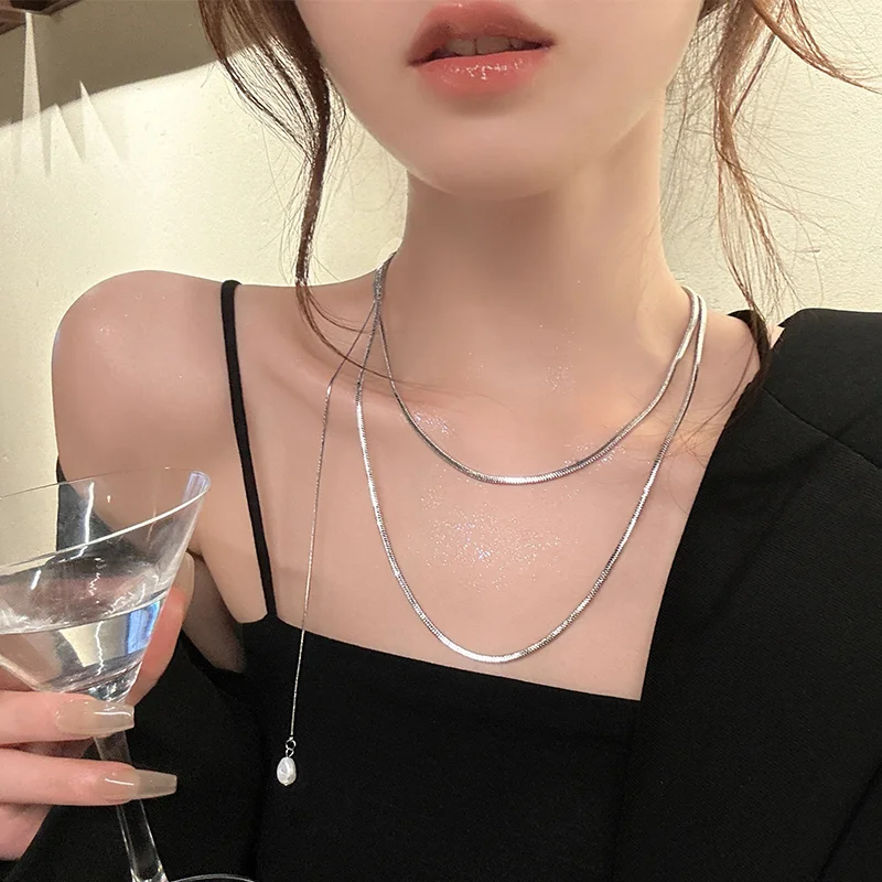 FANYIN Titanium Steel Pearl Snake Bone Chain Necklace for Women Latest Long Style Clavicle Chain