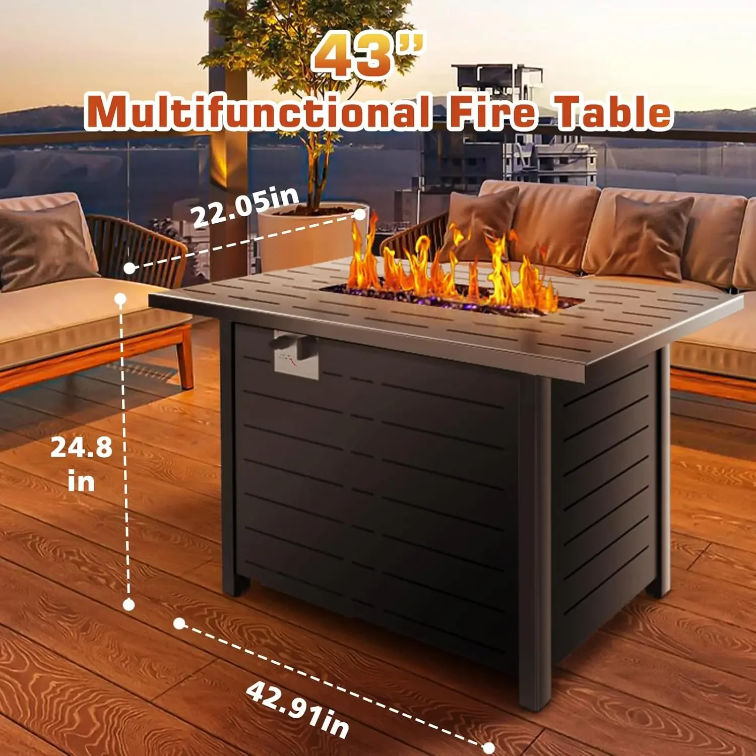 Fire Pit Propane Gas FirePit Table 43" Outdoor Fire Pit Rectangular Tabletop with Lid, Rain Cover, for Outside Garden Backyard