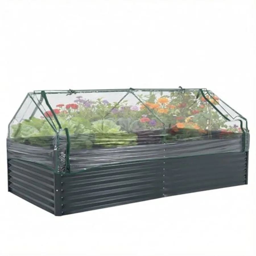 Raised garden bed for outdoor use, galvanized steel, grey, includes cover with large zipper door and detachable design