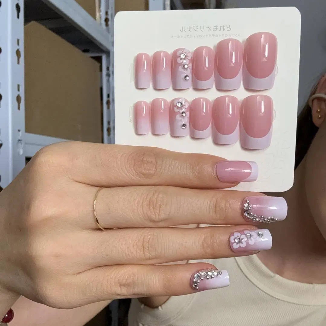 24pcs/box Medium-long French Press on Nails Art Removable Easy-to-Apply White-edged False Nail Set Acrylic Fake Nailart Gradient