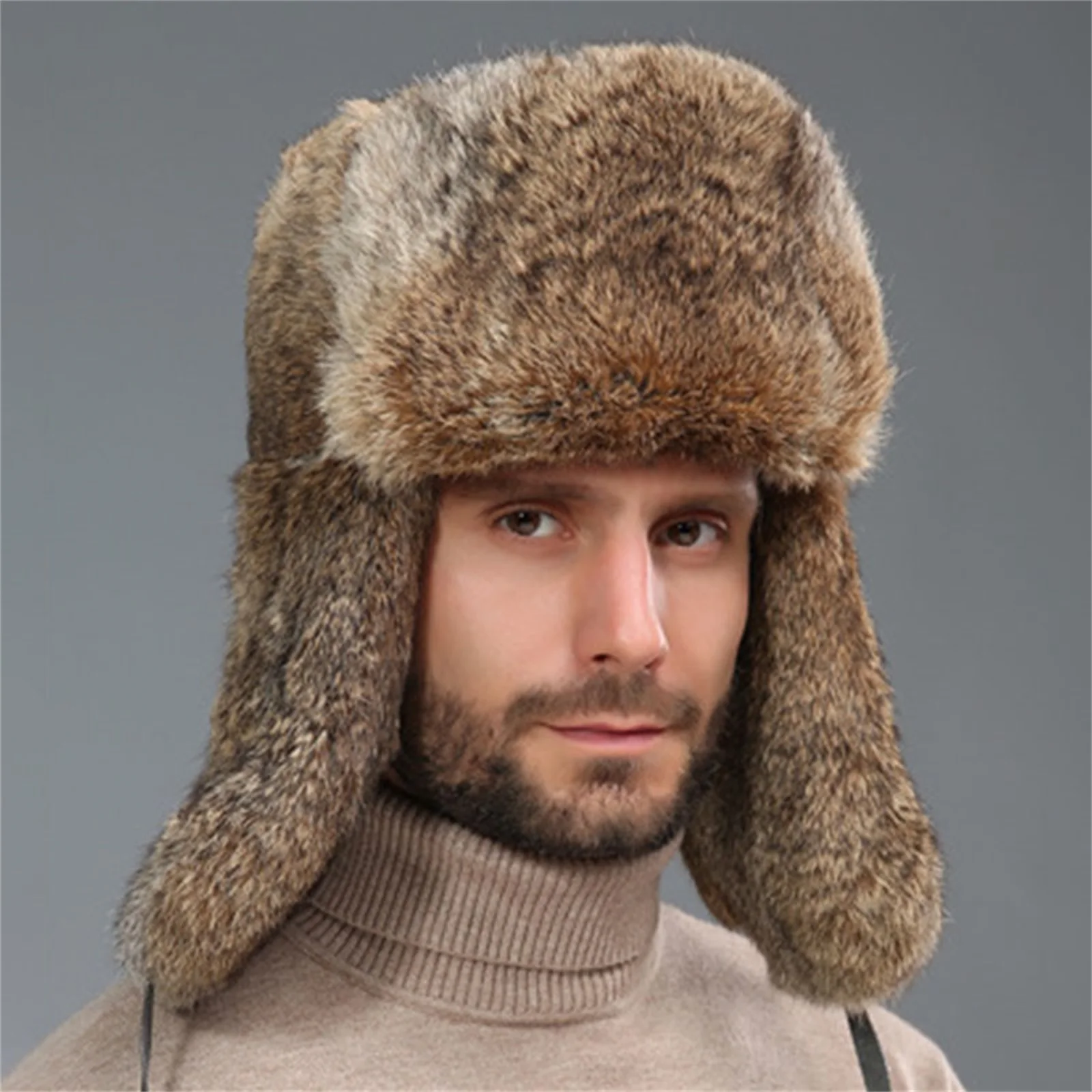 Combhasaki Gorro de soldado de piel sintética, gorros de bombardero de invierno, gorros cálidos a prueba de viento con orejeras, gorros para hombres, esquí en clima frío