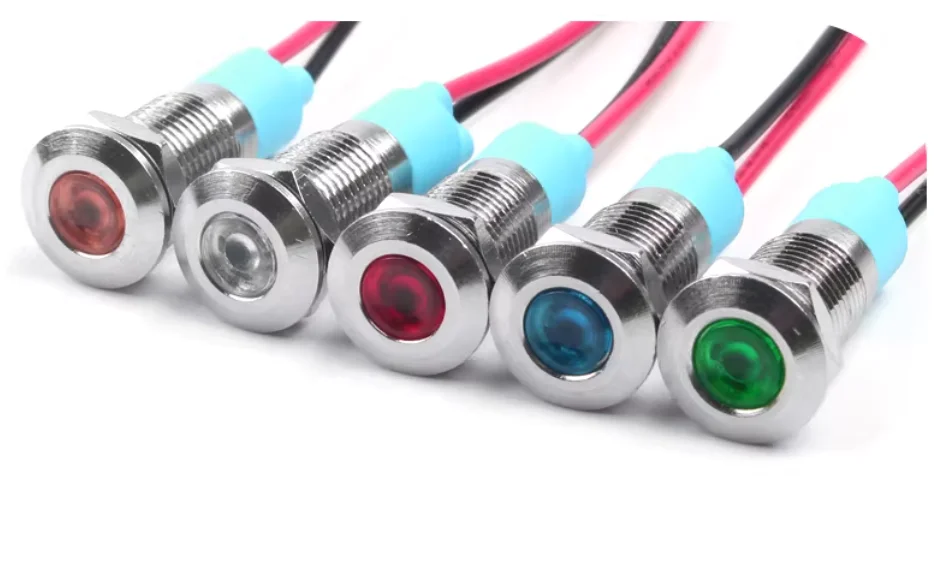 8mm Metal indicator light LED waterproof power signal light universal wired light 6V/12V/24V/220V 15cm cable Chrome
