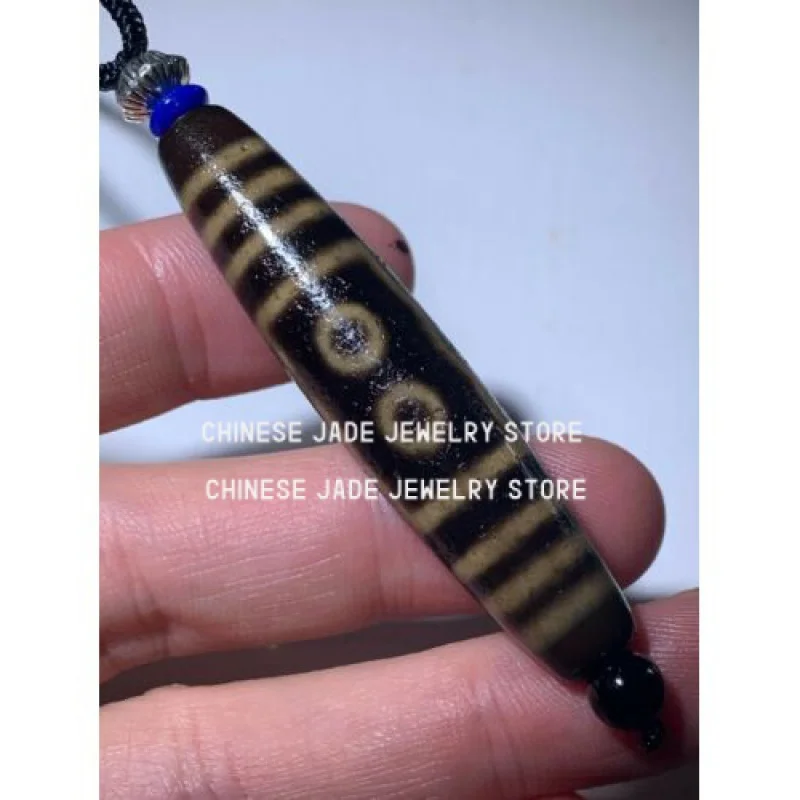 

Tibetan Old Agate Dzi Bead " 5 Eyes " Amulet Pendant Necklace 58.5mm