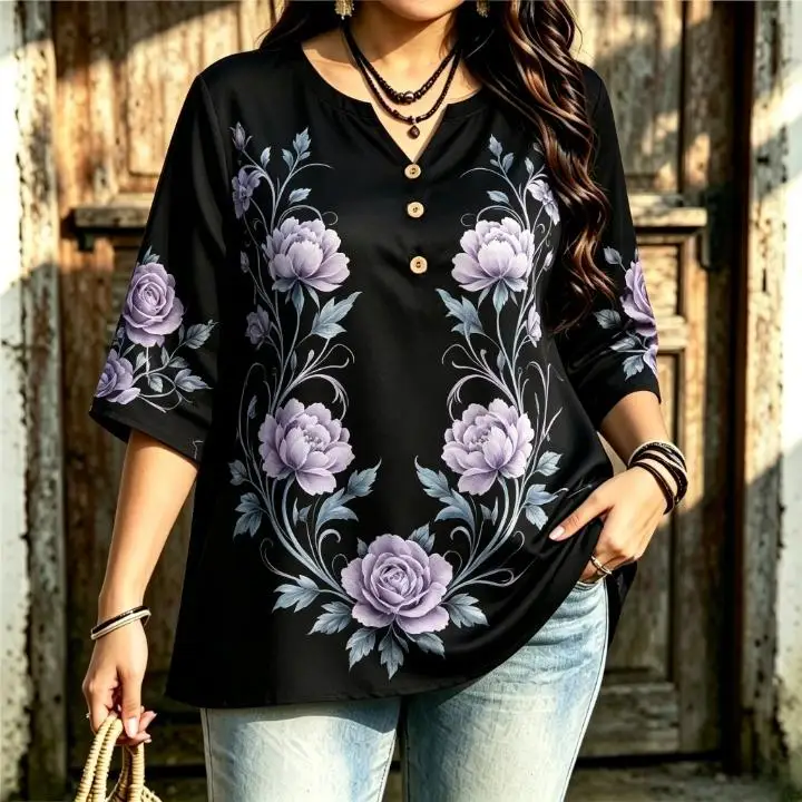 Women Purple Floral Rose Print Blouse Notched Neck 3/4 Sleeve Loose Casual Ladies Tops Retro Flower Pattern Shirts