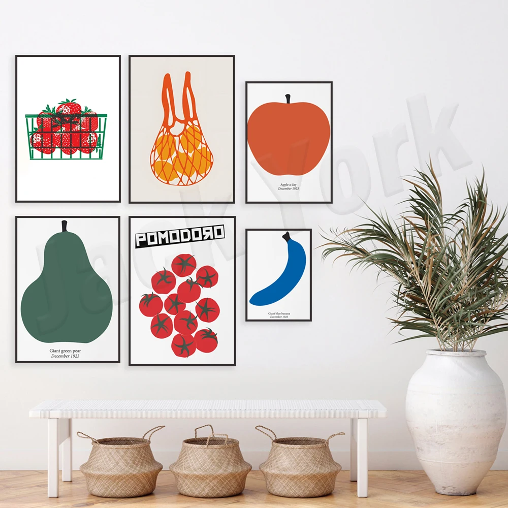 Fruit print, banana, strawberry, green pear, apple, lemon in bag illustration, tomato poster, retro medieval style, kitchen art
