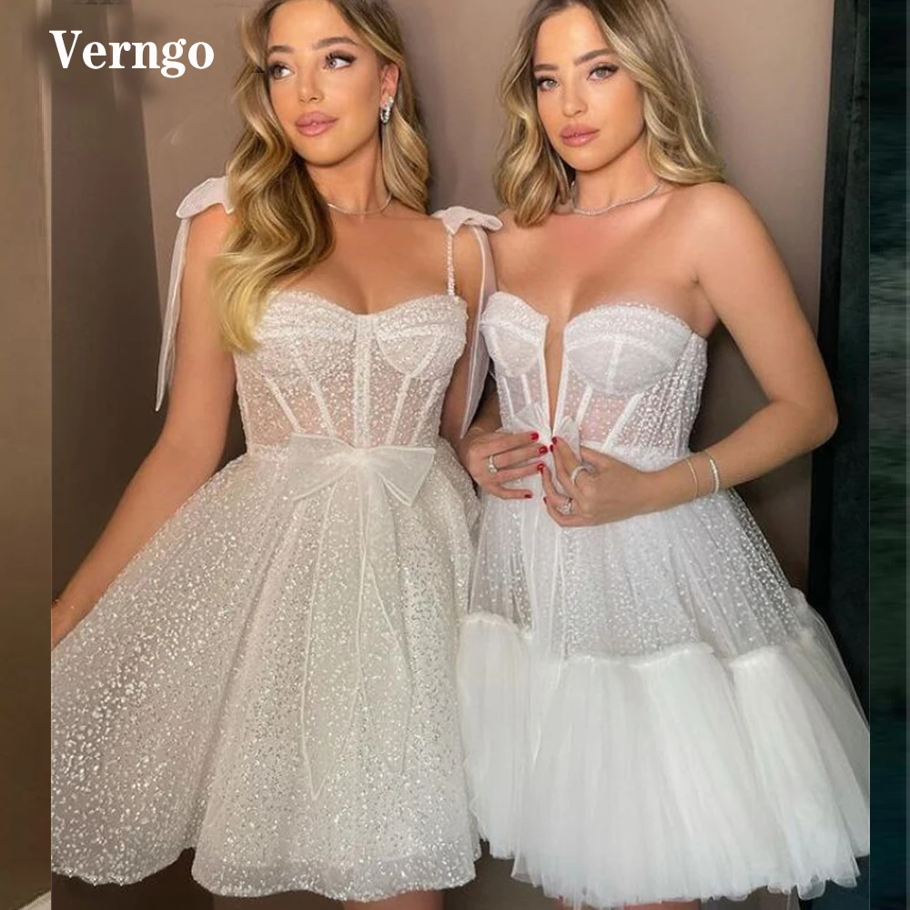 

Verngo Shiny Dotted Tulle A Line Short Wedding Dresses Sweetheart Straps Bones Princess Bride Party Prom Gowns Vestidos 2022