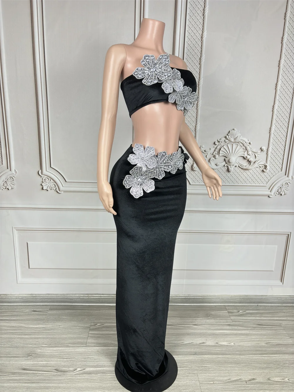 Women Sexy Strapless Flower Diamond Crystal Black Maxi Long Velvet Skirt Set 2024 Elegant Gowns Evening Club Party Stage Costume