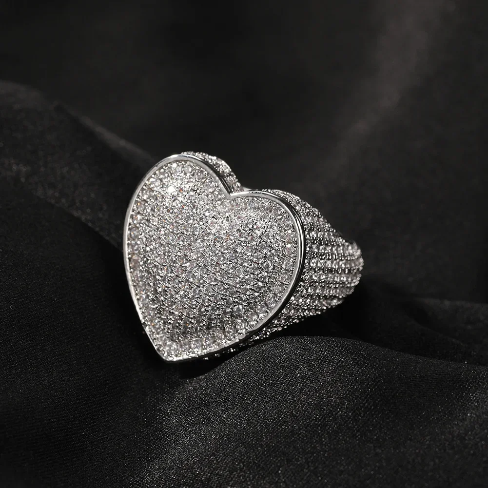 925 Silver Plated Big Heart Full Micro Paved Iced Out Bling Cubic Zirconia Hip Hop Ring Delicate Punk Jewelry For Men And Women view 2