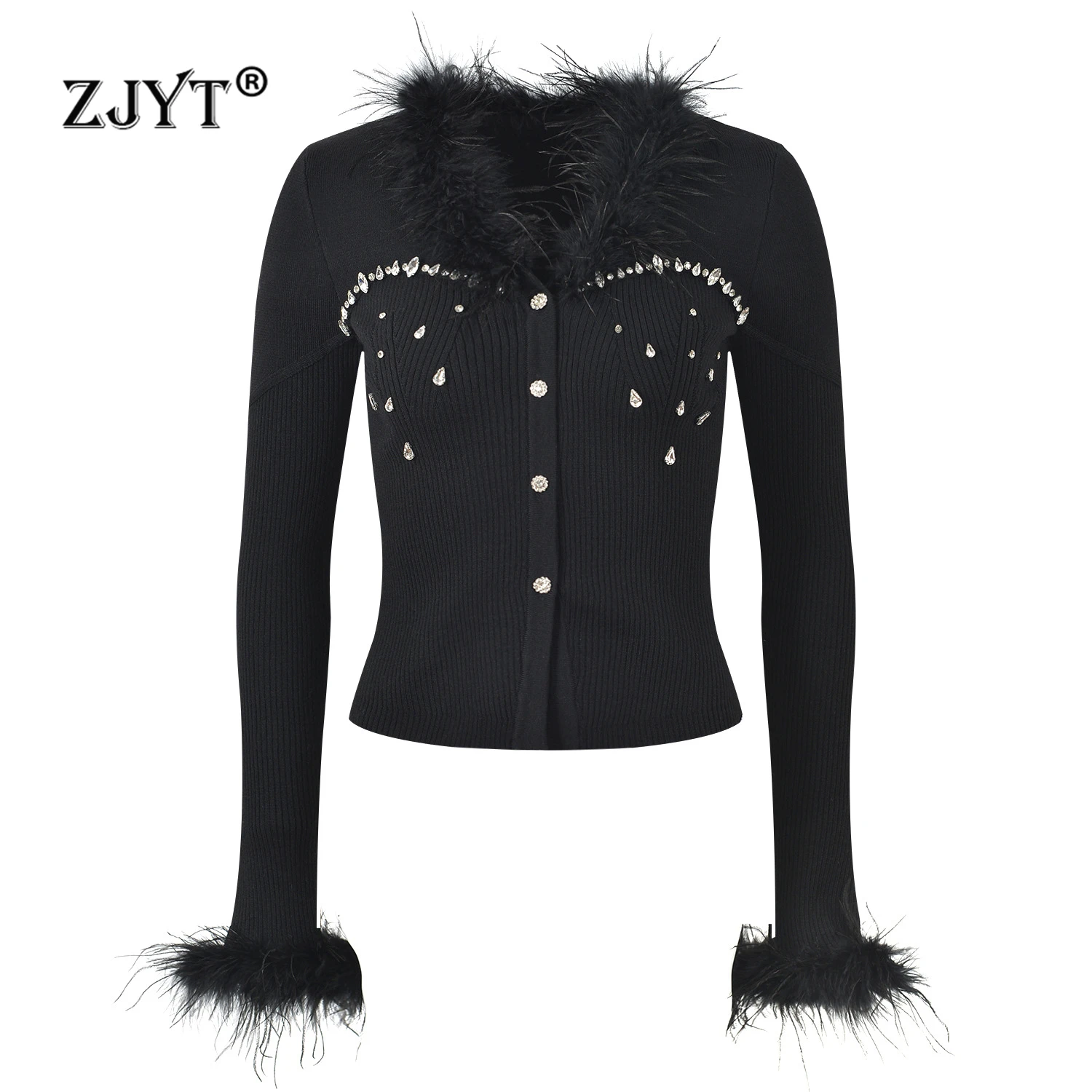 

ZJYT 2025 Spring Fur Patchwork Diamonds Cardigan Sweaters for Women Knitted Tops White Black Jersey Mujer Fashion New