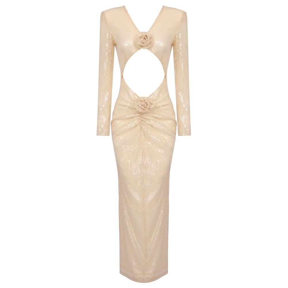 Vestido Sexy con cuello en V, vestidos de fiesta calados para celebridades para mujer, vestido largo ajustado de malla con retales de lentejuelas y flores en 3D