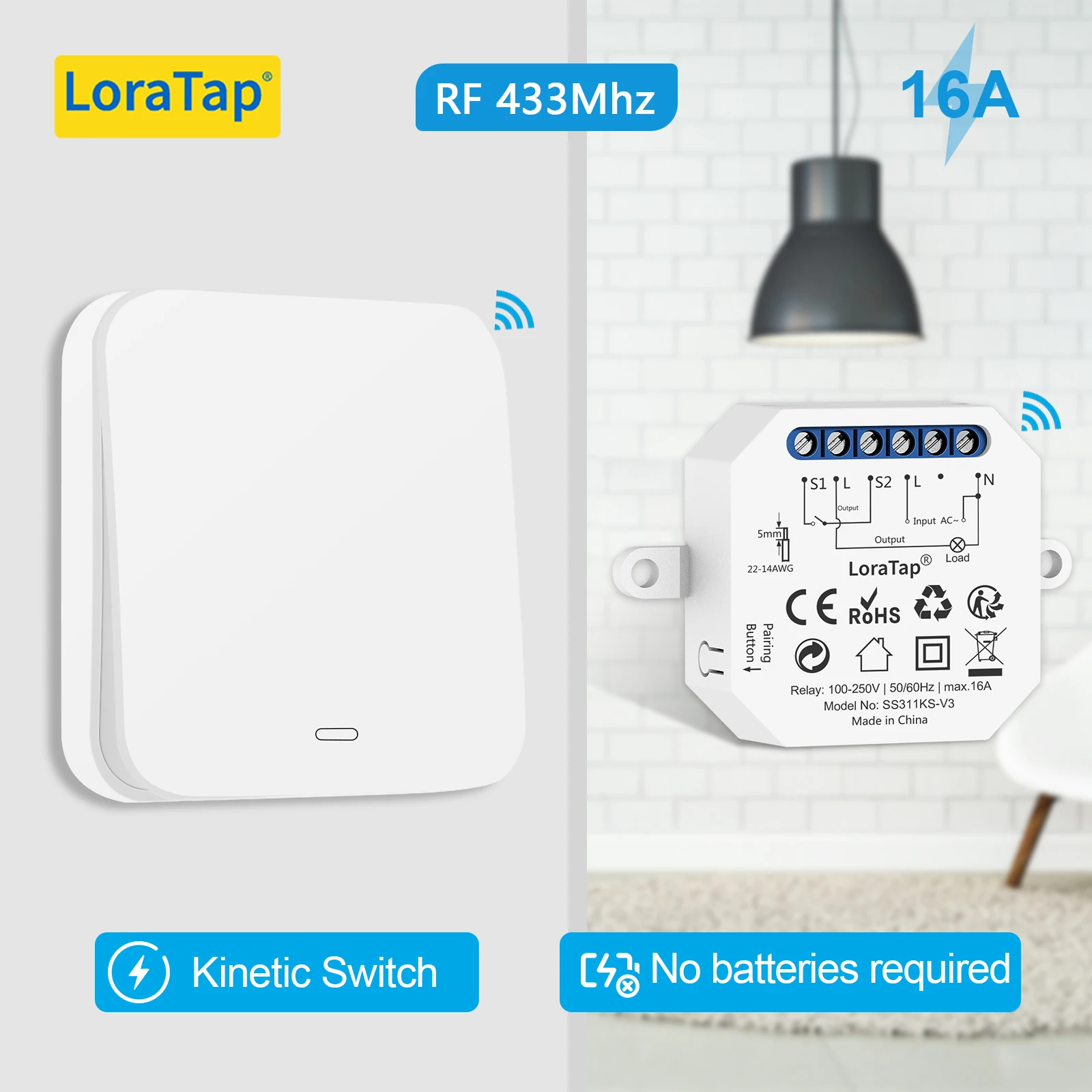 Módulo de relé de interruptor sem fio LoraTap RF433Mhz 16A com interruptor de energia cinética para luzes, bombas, ventiladores e outros dispositivos de baixa potência