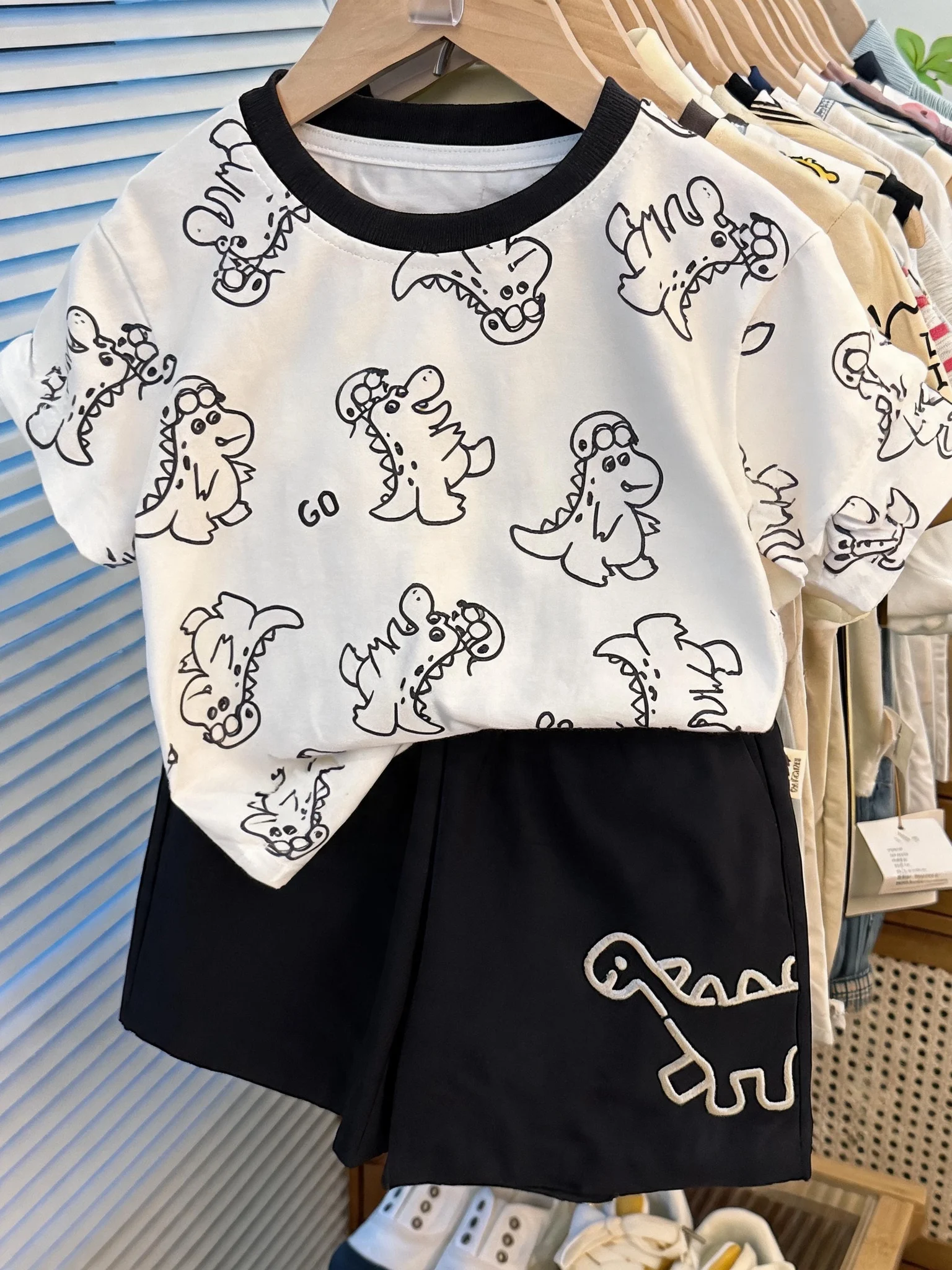 Conjunto de Duas Peças de Verão 2026 para Meninos: Camiseta de Manga Curta com Estampa de Dinossauro e Calça Solta de Algodão...