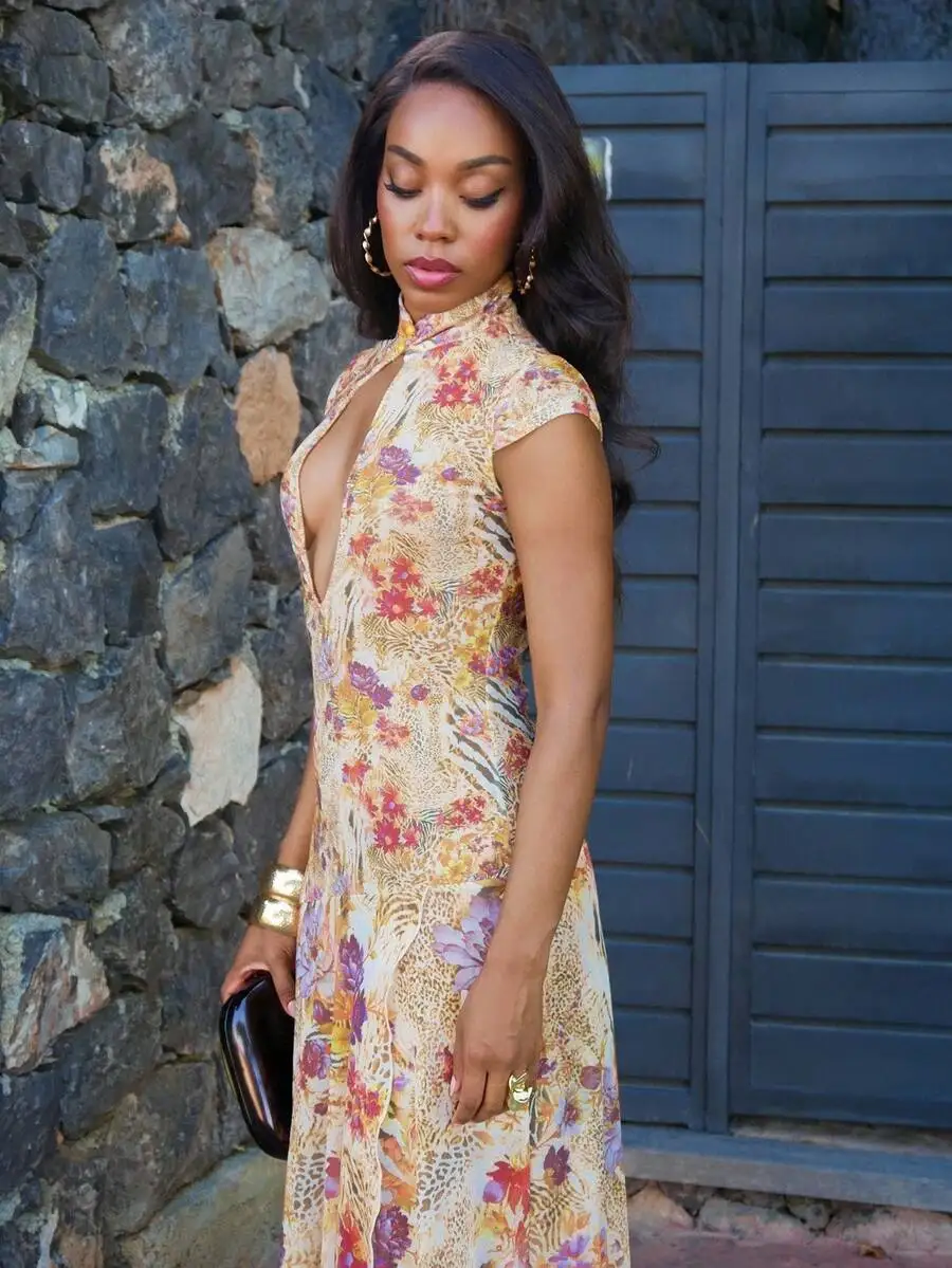 Abstract Floral Animal Print Lace Mesh Maxi Dress Vacation Evening Dress