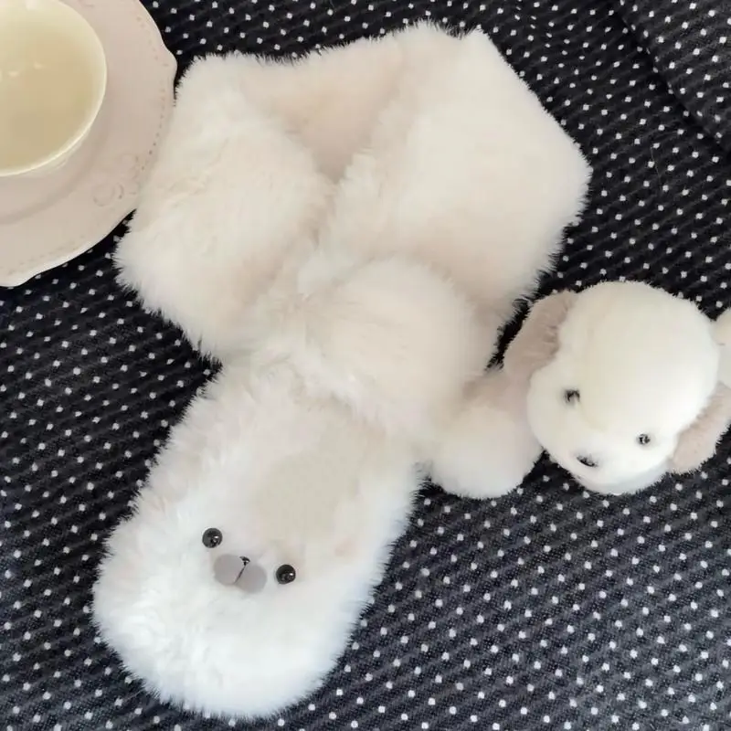 

Милый зимний шарф-ушанка с мехом для детей и студентов, комплект с перчатками, защитой шеи, кавайный, для девочек, уличный, теплый, плюшевый