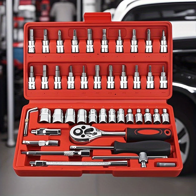 46pcs Wrench Set Ratchet Wrench Set and Extension Rod Universal Slider Rod Extension Socket Suitable for Car Repair and Home Use