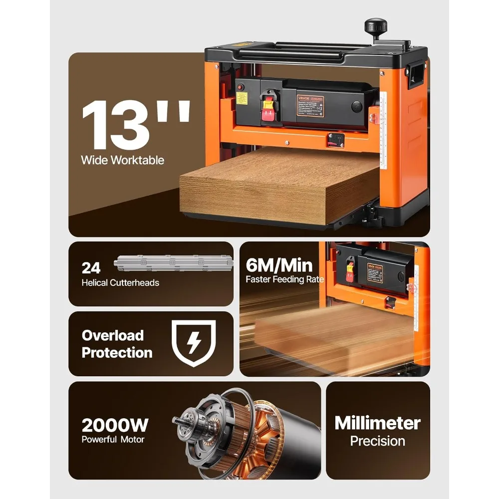 13-Inch Spiral Thickness Planer, Woodworking Power Benchtop Planer, with 2000W 23500 RPM Powerful Motor, Single Speed, for